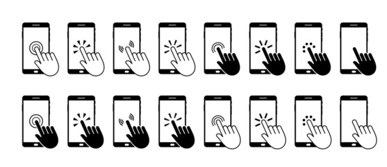 Poster - Click cursor on smartphone. Phone with touch pad and hands. Icons of mobile phones with fingers on touchscreen for click. Press to screen on cellphone. Vector