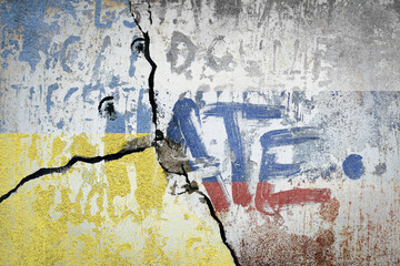 Wall Mural - Ukrainian and russian flag painted on concrete wall with the text hate on top. war and conflict concept between russia, nato and ukraine 2022.