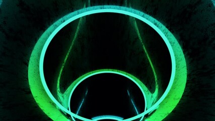 Poster - Movement in hole with neon rings. Design. Dive into tunnel with bright neon rings. Cybernetic tunnel of colorful rings
