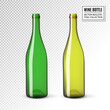 Vector blank and empty wine bottles of various green colors. Mockup. Realistic vector, 3d illustration