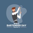The bartender is preparing a drink with a silver shaker, as a banner or poster, world bartender day. vector illustration.