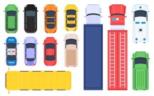 Flat Public Transport, Trucks And Cars Aerial Top View. School Bus, Police, Fire Engine, Ambulance And Cargo Lorry. City Vehicles Vector Set