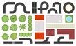 Street map top view, houses, roads and trees. City landscape plan elements from above, building roofs, bushes and traffic lane vector set