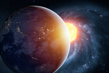 Fototapete - Planet earth planet in deep space against blue nebula and glowing hot sun. Outer space dark wallpaper with Eatrh surface view. Elements of this image furnished by NASA.