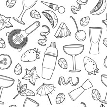 Vector Bar Cocktail And Drink Seamless Pattern. Vector Line Art Illustration