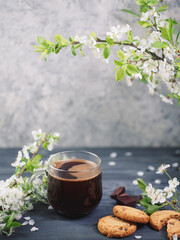 Wall Mural - A glass cup of espresso coffee on the table with a blooming cherry branch . oatmeal cookies with chocolate