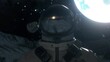 Astronaut walks on surface of the planet. Closeup view of space suit helmet. 3d rendering