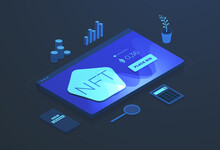 NFT Marketplace Isometric Concept. Non-fungible Tokens Card With Likes, Make Bid Buy Button And Ethereum Cryptocurrency Price. Vector Illustration On Dark Background With Glowing Neon Nft Website