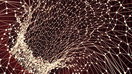 Poster - Moving tunnel from grid. Design. Tunnel made of grid with dots. Twisted tunnel from neural network with dots. Movement through funnel of many network weaves