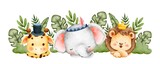Fototapeta Pokój dzieciecy - Watercolor happy cute safari animals banner 