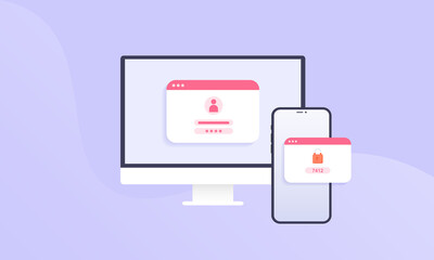 2fa authentication. Vector illustration with copy space. Verification code on SMS or push message in smartphone and computer pc