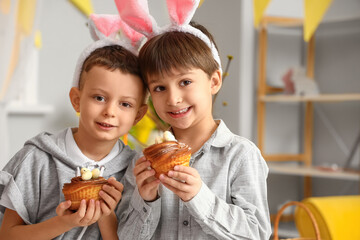 Poster - Cute little boys with bunny ears and Easter cakes at home