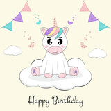 Fototapeta Dinusie - Cute unicorn sitting on the cloud. Birthday invitation or greeting card.