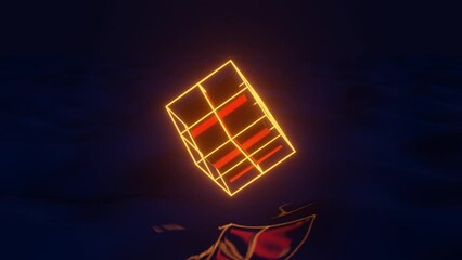 Wall Mural - neon glowing cube in a black space with moving field. seamless loop simple 3d animation with neon gl