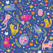 Vector seamless pattern with cute funny cats in cartoon style. Ideal kids design, for fabric, wrapping, textile, wallpaper, apparel