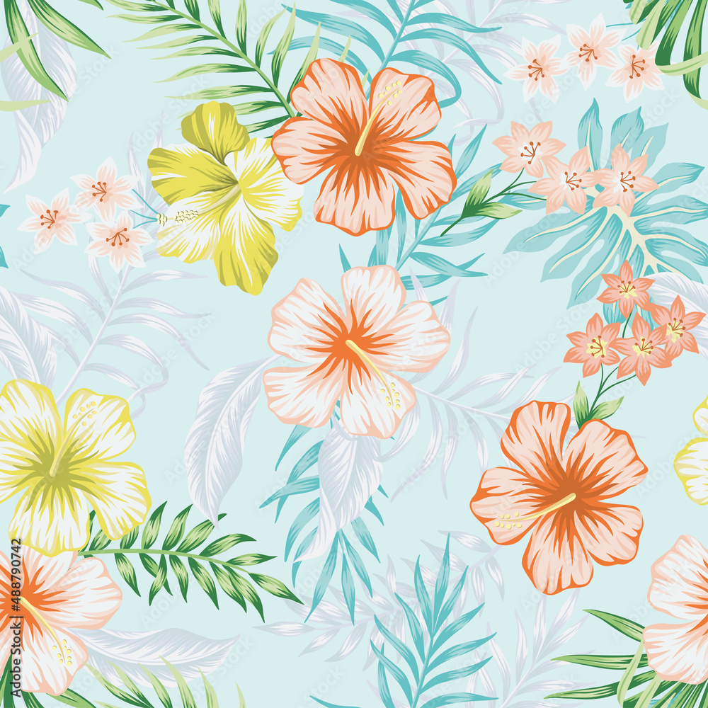Tropical vintage hibiscus flower, palm leaves floral seamless pattern ...
