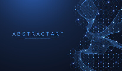 Scientific molecule background for medicine, science, technology, chemistry. Science template wallpaper or banner with a DNA molecules. Dynamic wave flow. Molecular vector illustration