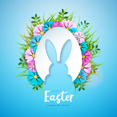 Sticker - Vector Illustration of Happy Easter Holiday with Rabbit in Egg Shape and Spring Flower on Shiny Light Blue Background. Easter Day Celebration Design with Typography Letter for Flyer, Greeting Card