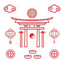 Set Simple Line Icon Of Chinese New Year Red Yin Yang Lantern Shrine Gate Chinese Ornament