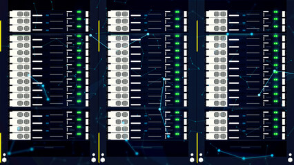 Poster - Computer Servers Abstract Background with Blinking Green Light and Joining Nodes. Modern Technology concept Background with new servers design
