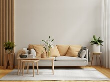 Bright And Cozy Modern Living Room Interior Have Sofa And Plant With White Wall.
