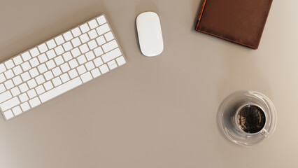 Leinwandbilder - Top view of working space area and office object set. - Computer, keyboard, mouse,  coffee cup, and book on a table. 3d rendering
