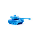 Toy Tank Of Blue Color. Close-up Of Little Plastic ABS Model. Blue Filament. Objects Printed By 3d Printer Isolated On White Background.