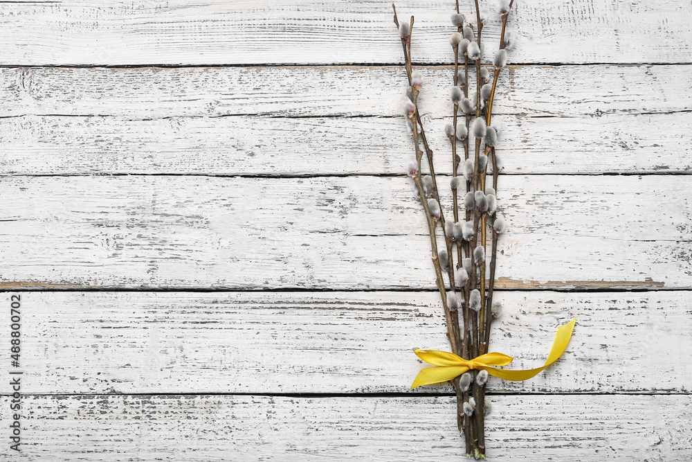 Bouquet of pussy willow branches on light wooden background