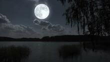 Full Moon Night Landscape With Forest Lake.