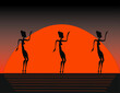 © Olga - Flat illustration. three silhouettes of topless African women dancing against the orange sun