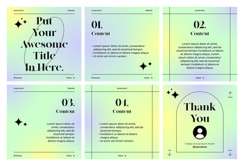 Microblog carousel slides template for instagram or social media. Six pages with aesthetic gradient background and green, yellow, purple colors theme.