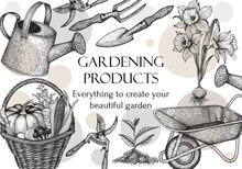 Vector Illustration Of A Banner Template For A Gardening Goods Store. Graphic Linear Watering Can, Garden Rake And Shovel, Sprout, Daffodil Seedling, Basket With Harvest, Pruner, Garden Wheelbarrow