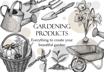 Vector illustration of a banner template for a gardening goods store. Graphic linear watering can, garden rake and shovel, sprout, daffodil seedling, basket with harvest, pruner, garden wheelbarrow