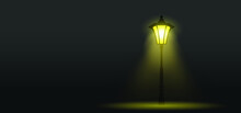 Cartoon old and classic street lamp or City street lantern. Yellow street light. Evening, dark silhouette lamppost lights