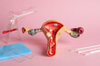 Gynecological examination kit and anatomical uterus model on pink background