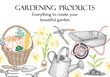 Vector banner template for gardening. Graphic linear watering can, garden rake and shovel, sprout in the soil, daffodil flower seedling, basket with harvest, pruner, garden wheelbarrow
