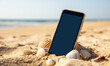 canvas print picture - smartphone on the beach- holiday vacation concept