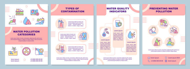 Wall Mural - Water pollution categories pink brochure template. Contamination types. Leaflet design with linear icons. 4 vector layouts for presentation, annual reports. Arial-Black, Myriad Pro-Regular fonts used