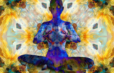 Wall Mural - Silhouette of a girl in Lotus position on the background of the fractal universe. A state of trance and deep meditation. A spiritual journey in the universe. 3D illustrations.