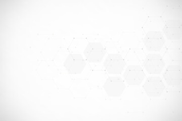 Hexagons pattern on gray background. Genetic research, molecular structure. Chemical engineering. Concept of innovation technology. Used for design healthcare, science and medicine background