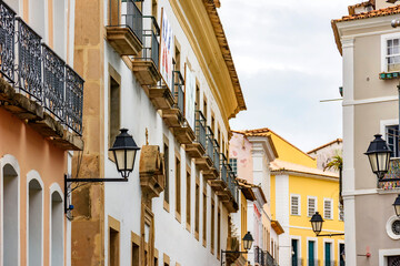 Wall Mural - Old houses with balconies and lanterns in colonial style on the streets of Pelourinho in the city of Salvador, Bahia