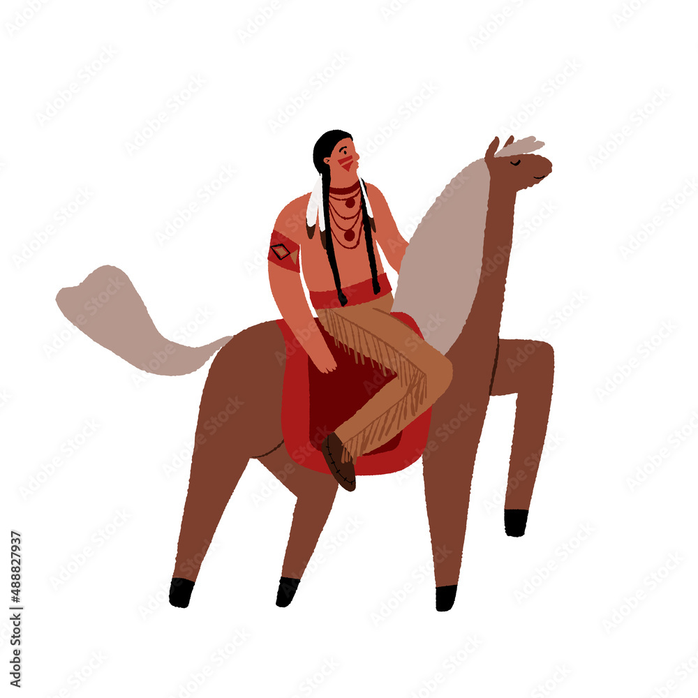 Native American man warrior riding horse. Wild West Indian American ...