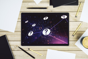 Aufkleber - Creative abstract question mark hologram on modern digital tablet display, future technology concept. Top view. 3D Rendering