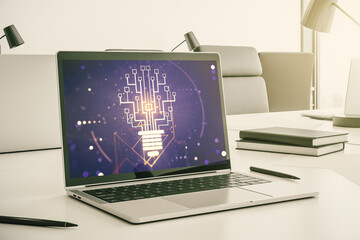 Poster - Creative light bulb with chip hologram on modern laptop monitor, artificial Intelligence and neural networks concept. 3D Rendering