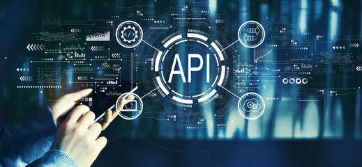API - application programming interface concept with person using a smartphone