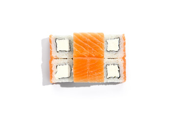 Sticker - Classic maki roll philadelphia with salmon and cream cheese. Sushi roll with salmon and philadelphia cheese. Philadelphia maki isolated on white background.