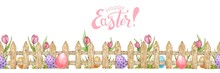 Seamless Border With Spring Easter Concept. Watercolor Border With Wooden Fence And Easter Eggs Isolated On White Background. For Decor, Print, Wallpaper, Tissue, Scrapbooking, Packaging Paper
