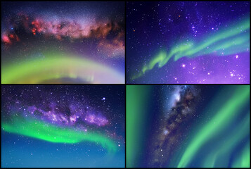 Poster - aurora borealis and milky way. nebula and stars. space background set