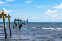 Pelicans On Old Broken Wooden Pier In Gulf Of Mexico With Two Birds Flying - Copy Space