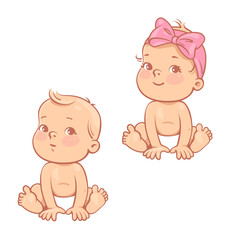 little baby boy and girl in diaper siting.